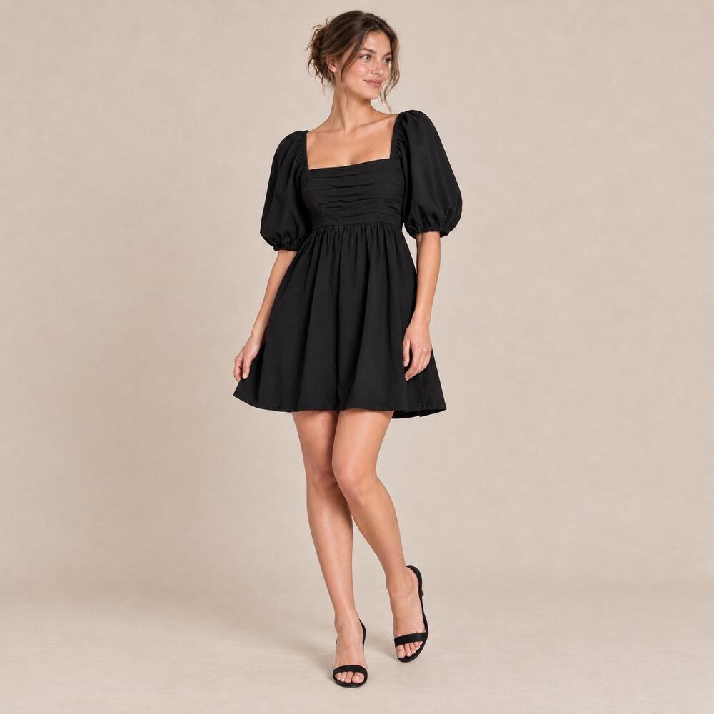 Abercrombie Fitch Black Emerson Babydoll Mini Dress Puff Sleeve Cotton Pockets M